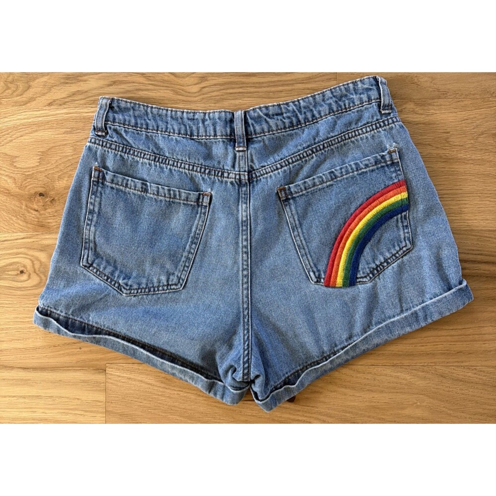 Forever 21 Embroidered Rainbow Pocket Blue Denim  Women Shorts 30 Hippie Boho